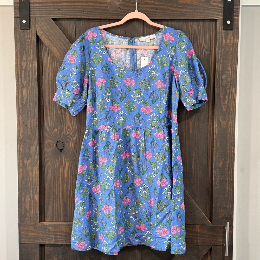 LOFT Women's Blue & Pink Floral Linen Blend Knee Length A-Line Dress Size 10 NWT